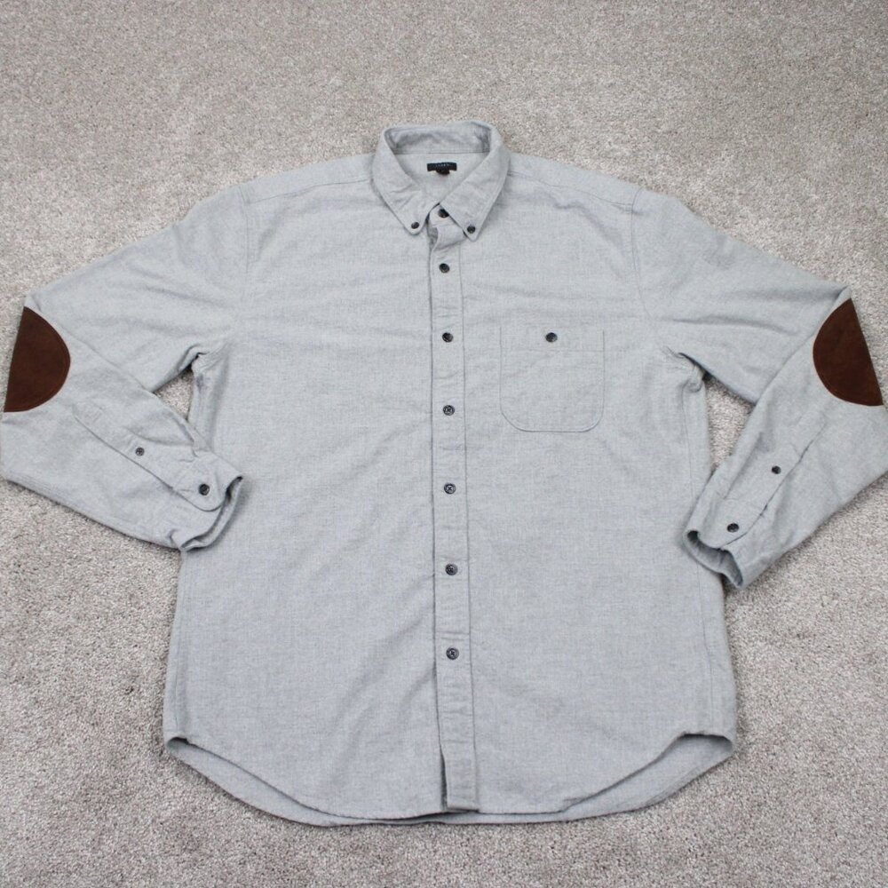 J. Crew Shirt Mens Large‎ Gray Cotton w/ Leather Elbow Patches L/S Button Down